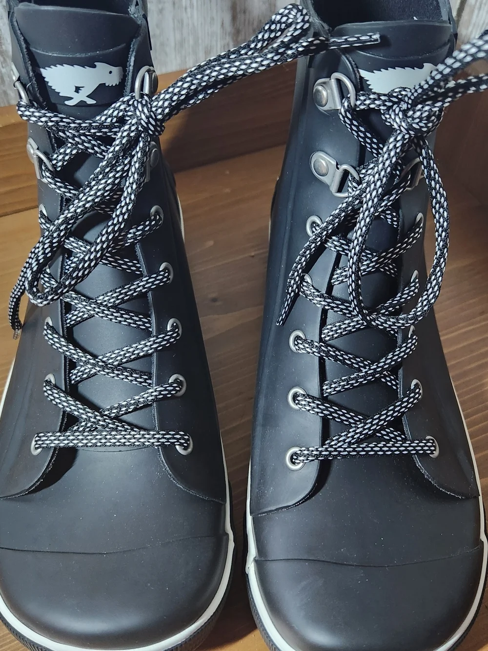 Rocket Dog Rainy Day Rain Boots Black High-Top Lace-Up White Trim Top Size 9.5